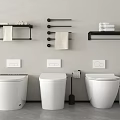 Modern Bathroom Interior With Three White Toilets And Wall Mounted Accessories
