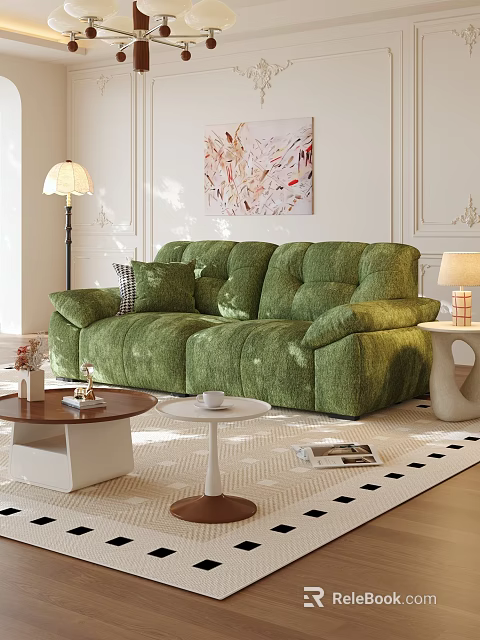 Plush Green Fabric Double Seater Sofa For Cozy Warm Modern Living Room Home Decor 3d model 