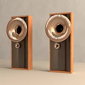 Stylish Modern Wooden Floor Standing Speakers With Golden Cones And Elegant Design