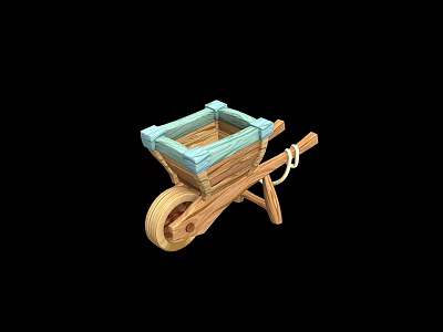 Garden Wooden Wheelbarrow With Blue Bucket Sturdy Handle And Wooden Wheel Design 3d model
