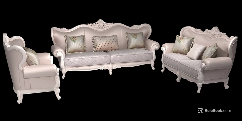 Elegant Classic Light Colored Sofa Set With Carved Details And Patterned Pillows 3d model