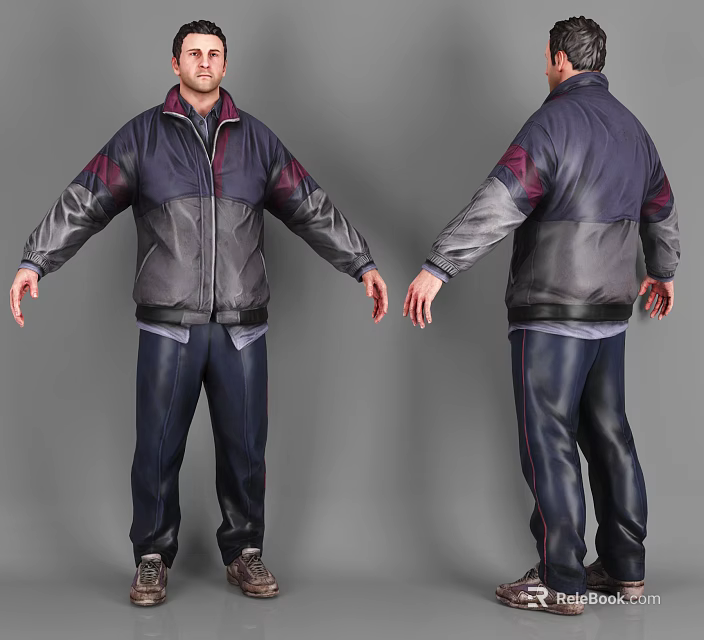 Man Wearing Purple Gray Patched Jacket With Dark Pants And Red Accent Stripes 3d model 
