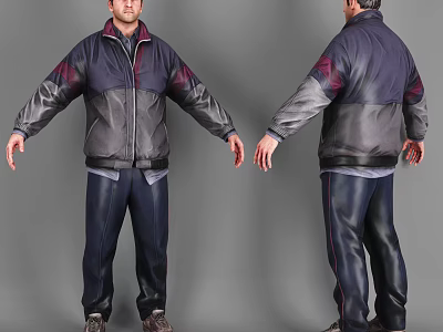 Man Wearing Purple Gray Patched Jacket With Dark Pants And Red Accent Stripes 3d model