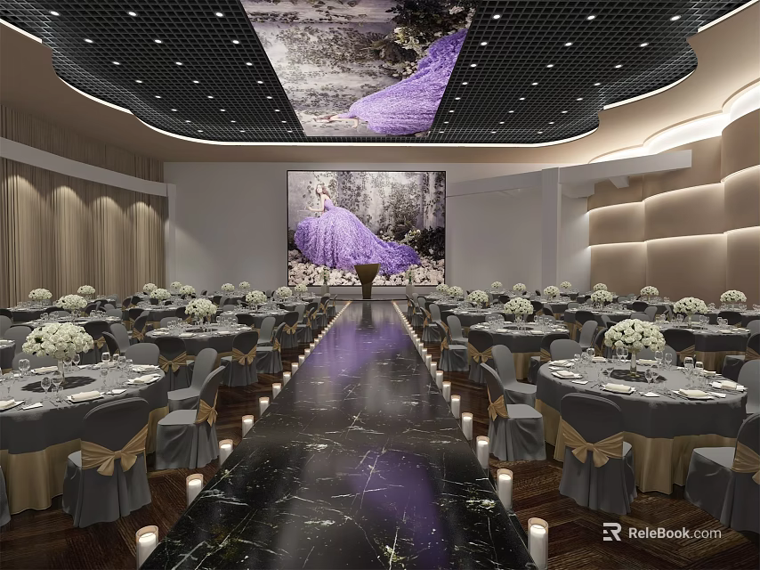Elegant Banquet Hall With Round Tables White Flower Arrangements Purple Gown Mural And Black Ceiling 3d model 