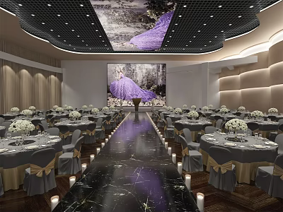 Elegant Banquet Hall With Round Tables White Flower Arrangements Purple Gown Mural And Black Ceiling 3d model
