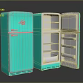 Vintage Style Turquoise Refrigerators With Open Doors And Interior Shelves
