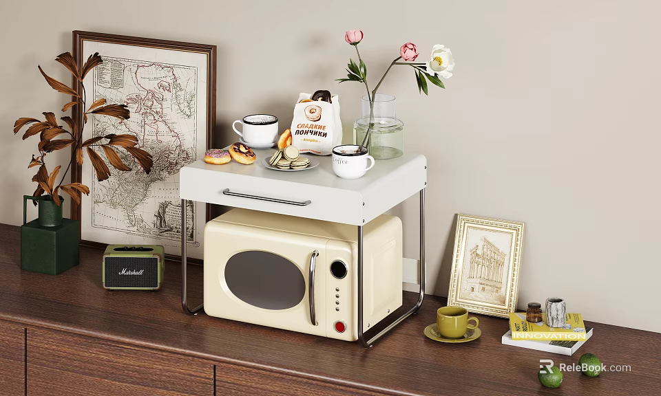 Tableware Set On Microwave Tray With Mugs And Snacks 3d model