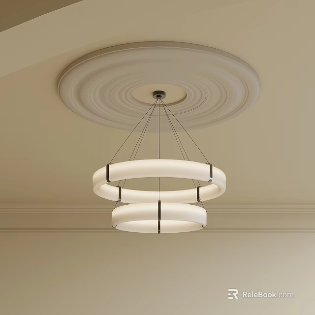 Modern Double Circular Ring Chandelier with White Shades Hanging from Decorative Ceiling Medallion 3d model 