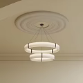 Modern Double Circular Ring Chandelier with White Shades Hanging from Decorative Ceiling Medallion