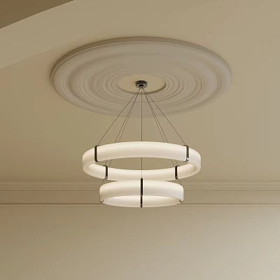 Modern Double Circular Ring Chandelier with White Shades Hanging from Decorative Ceiling Medallion 3d model