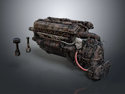 Vintage Rusty Weapon Engine With Piston Parts And Mechanical Components 3d model