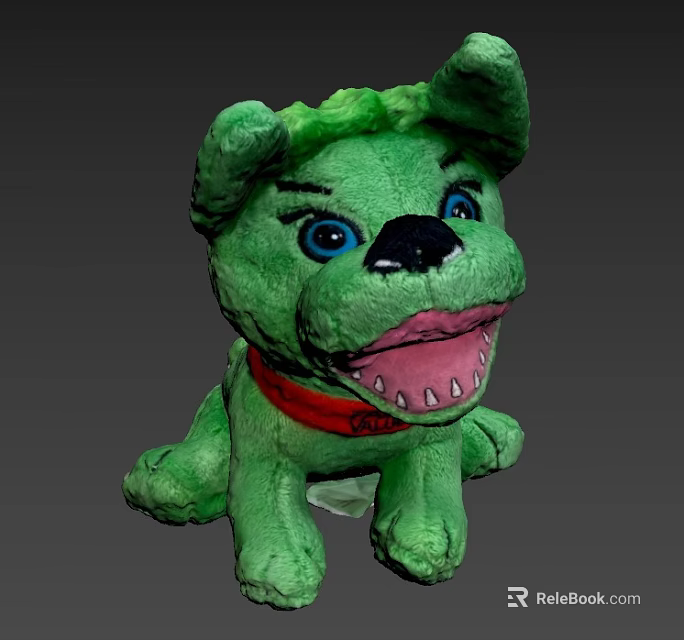 Green Plush Dog Doll With Blue Eyes Black Nose And Red Collar 3d model 