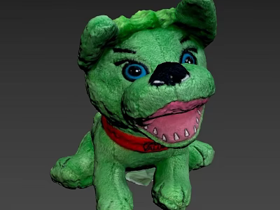 Green Plush Dog Doll With Blue Eyes Black Nose And Red Collar 3d model