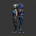 3D Game Movie Characters With Blue Hair Teal Outfits Sleeveless Tops Cargo Pants And Boots