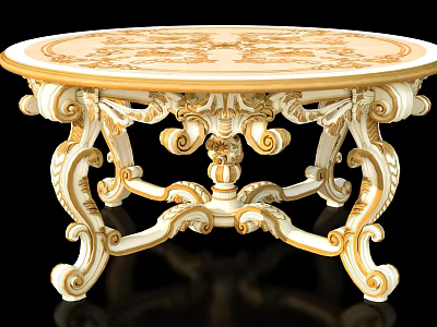 Ornate Round Classic Dining Table With Intricate White And Gold Carved Legs And Curved Details 3d model