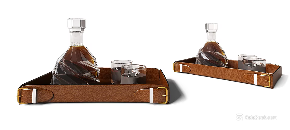 Elegant Decorative Accessory Set With Glass Decanter And Glasses On Leather Tray For Home Decor 3d model 