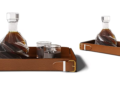 Elegant Decorative Accessory Set With Glass Decanter And Glasses On Leather Tray For Home Decor 3d model