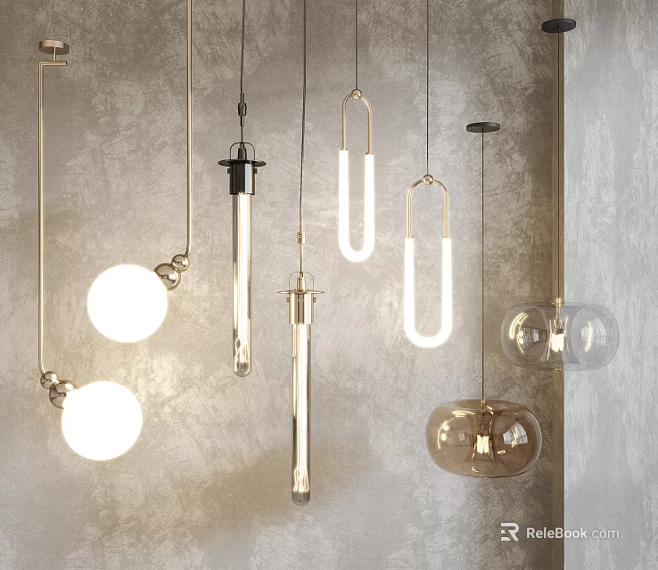 Contemporary Pendant Lights Featuring Spherical Tubular And U Shaped Metallic Glass Designs 3d model 