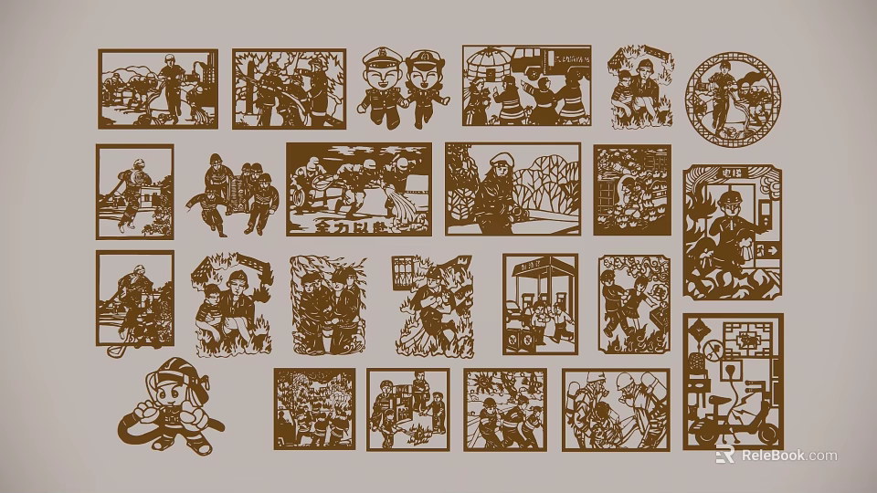 Brown Paper Cut Style Ornaments Featuring Various Themes And Scenes 3d model 