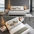 Luxurious Tufted White Bed With Dark Wall Vertical Light Bedside Tables Water View Soft Rug