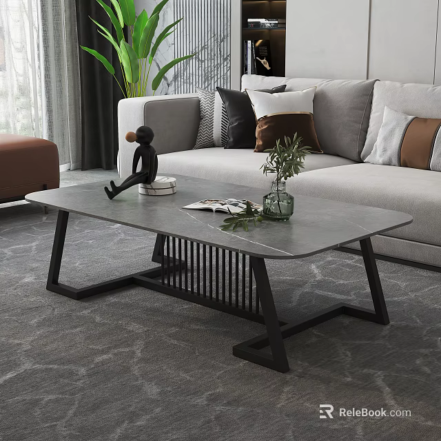 Modern Minimalist Living Room Coffee Table With Gray Tabletop Black Metal Frame And Green Plant 3d model 