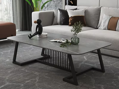 Modern Minimalist Living Room Coffee Table With Gray Tabletop Black Metal Frame And Green Plant 3d model