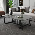 Modern Minimalist Living Room Coffee Table With Gray Tabletop Black Metal Frame And Green Plant