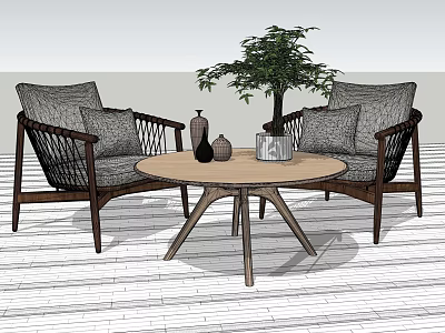 Woven Rattan Leisure Chairs With Wooden Frame Gray Cushions Round Coffee Table And Decorative Plants 3d model
