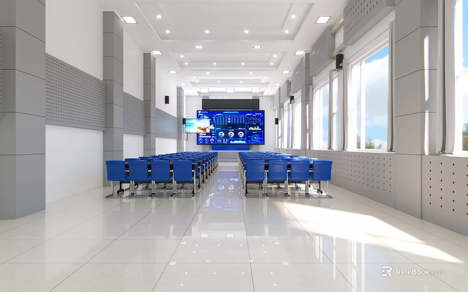 School Modern Auditorium With Blue Chairs Large Digital Screen And Bright Windows 3d model 