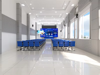 School Modern Auditorium With Blue Chairs Large Digital Screen And Bright Windows 3d model