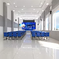 School Modern Auditorium With Blue Chairs Large Digital Screen And Bright Windows