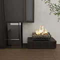 Modern Fireplace Interior Design With Wooden Cabinetry Burning Flames And Decorative Stones
