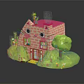Cartoon Scene Featuring Cat Shaped Pink House With Green Grass Small Trees And Yellow Steps