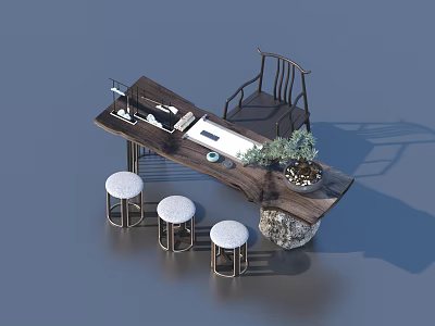 Traditional Tea Table With Wooden Chair Stools Tea Set And Potted Plant 3d model