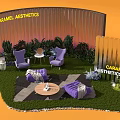 Caramel Aesthetics Photo Check in Spot With Purple Chairs Plants And Curved Backdrop