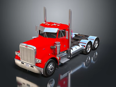 Red Heavy Duty Truck With Chrome Cab Exhaust Pipes And Silver Accents 3d model