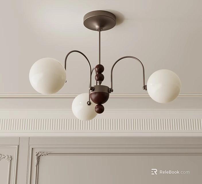 Classic Interior Chandelier With Three White Globe Shades And Wooden Accents 3d model 