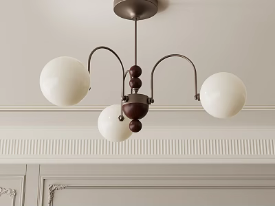 Classic Interior Chandelier With Three White Globe Shades And Wooden Accents 3d model