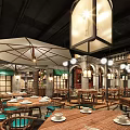 Traditional Restaurant Exterior With Brick Wall Green Awning Red Decorations And Entrance Design
