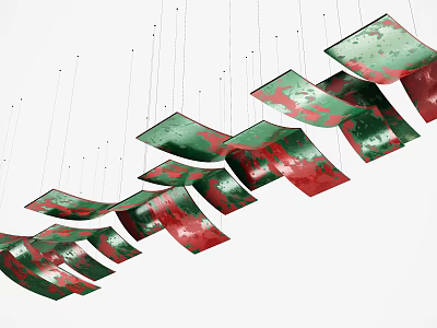 Colorful Red And Green Irregular Shiny Sheet Hanging Ornaments Suspended On Strings For Home Decor 3d model
