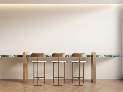 Modern Bar Counter With Marble Top Golden Legs And Three Stools On Herringbone Wooden Floor 3d model