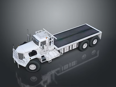 White Flatbed Truck With Cab And Multiple Wheels On Dark Background 3d model