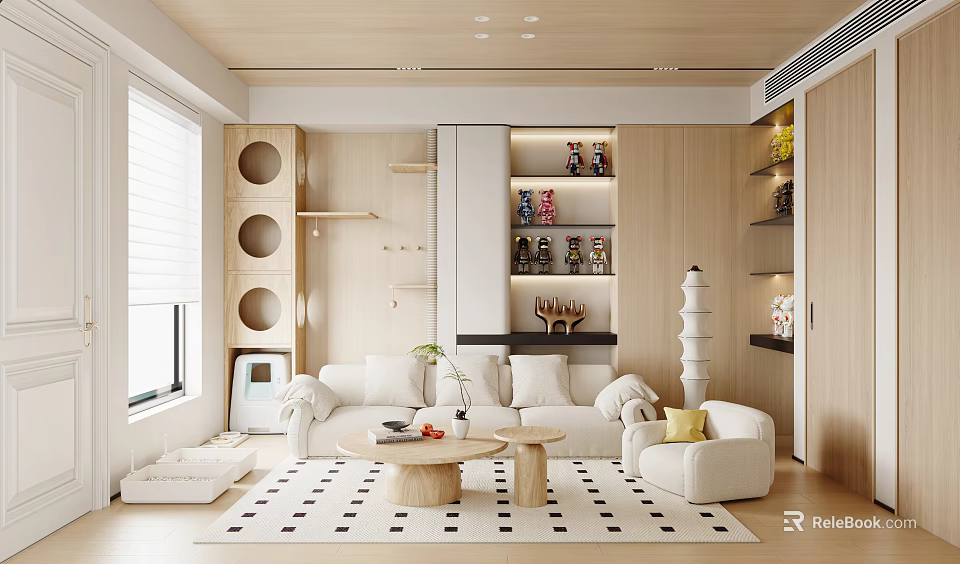 Modern Living Room Interior With Wooden Shelves White Sofa Round Coffee Tables And Rug 3d model 