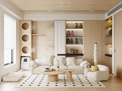 Modern Living Room Interior With Wooden Shelves White Sofa Round Coffee Tables And Rug 3d model
