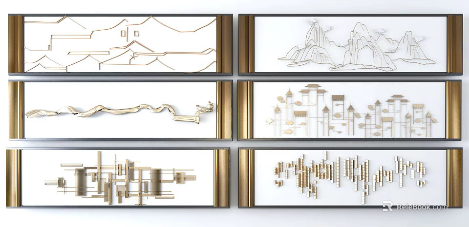 Modern Elegant Wall Decor Featuring Golden Lines Geometric Patterns And Landscape Elements 3d model