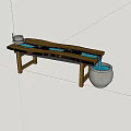 Wooden Tea Table With Solid Wood Surface Green Plants Small Waterfall And Stone Basin 3d model