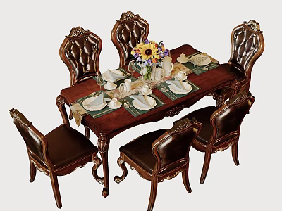 Elegant Classic Carved Wooden Dining Table Set With Six Brown Leather Upholstered Chairs For Families 3d model
