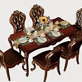 Elegant Classic Carved Wooden Dining Table Set With Six Brown Leather Upholstered Chairs For Families