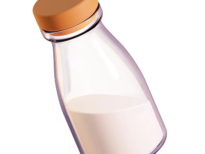 Transparent Glass Milk Bottle with Brown Cap Containing Fresh White Milk 3d model