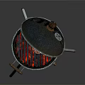 Outdoor BBQ Grill With Open Lid And Grilling Meat On Metal Stand